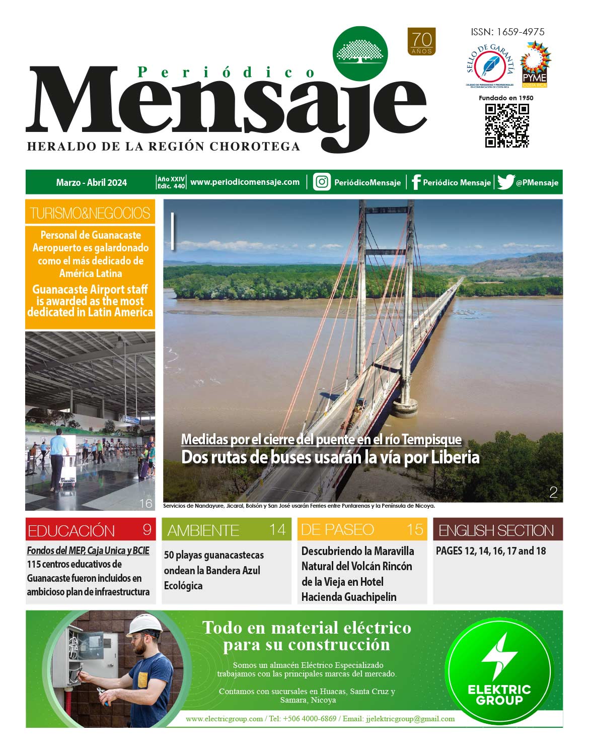 Portada Edicion marzo 2024, Periodico Mensaje, Guanacaste