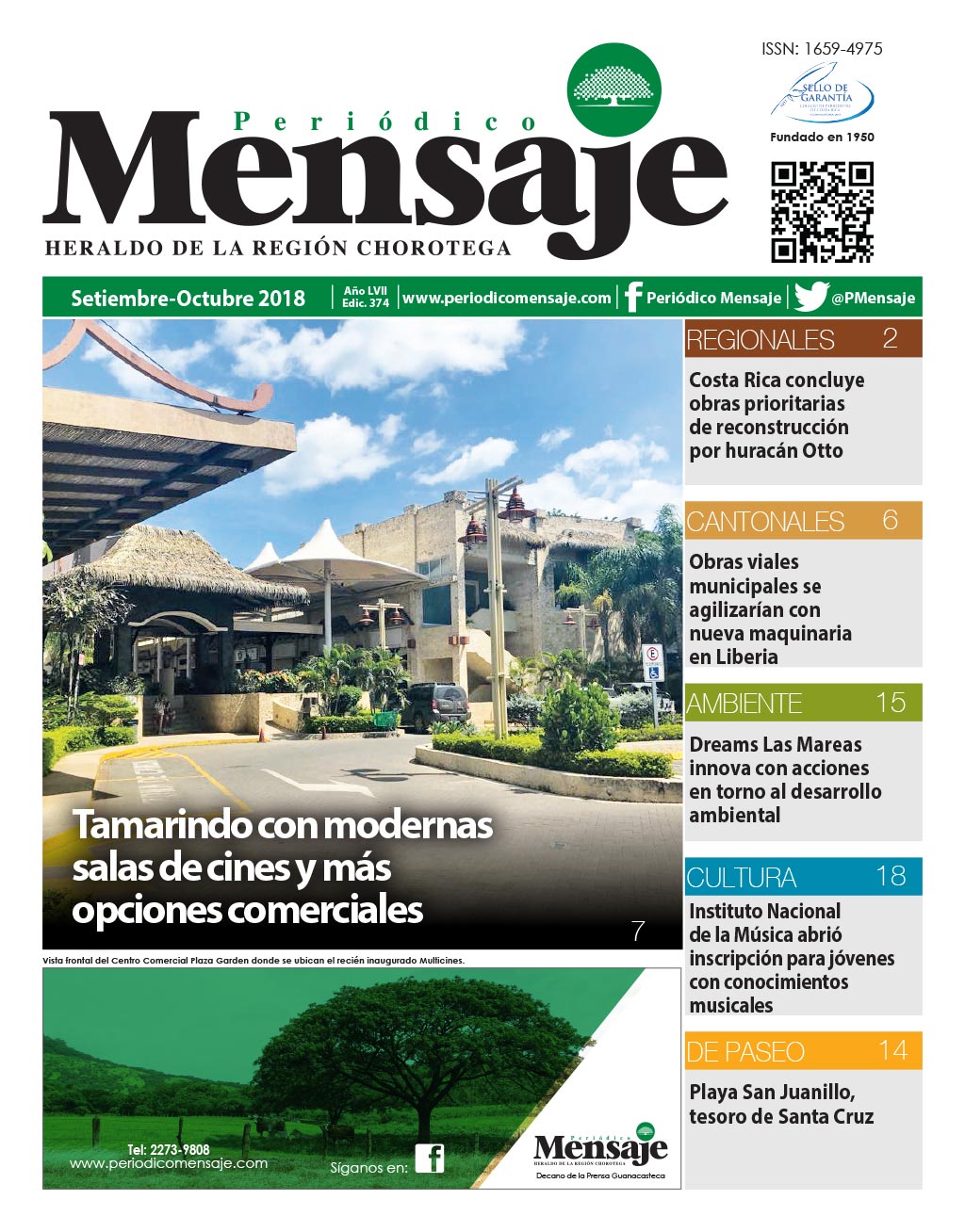 Portada Edicion Setiembre-Octubre 2018, Periodico Mensaje, Guanacaste