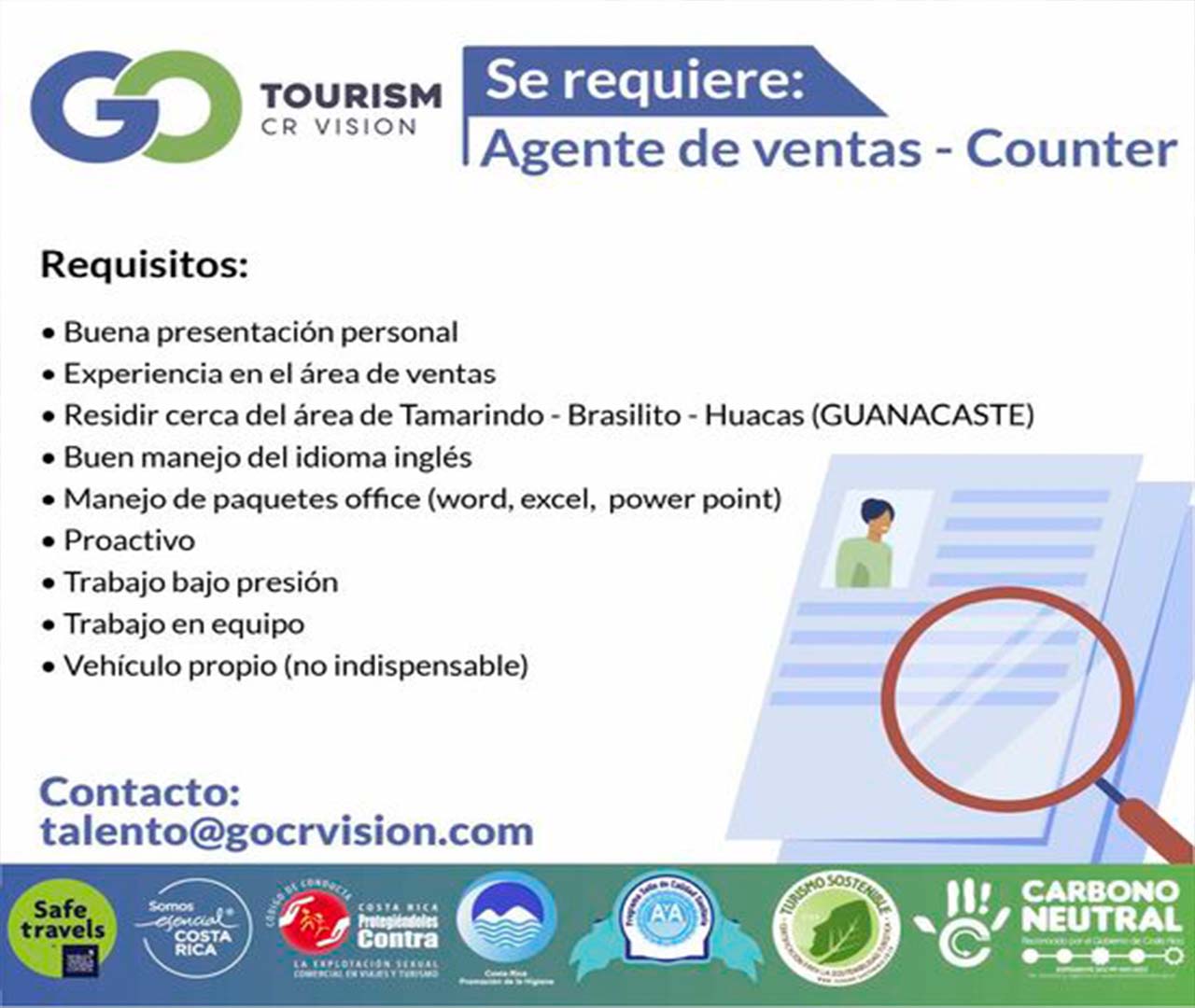 Tourism Cr Vision Requiere Contratar: Agente de Ventas - Counter.alt