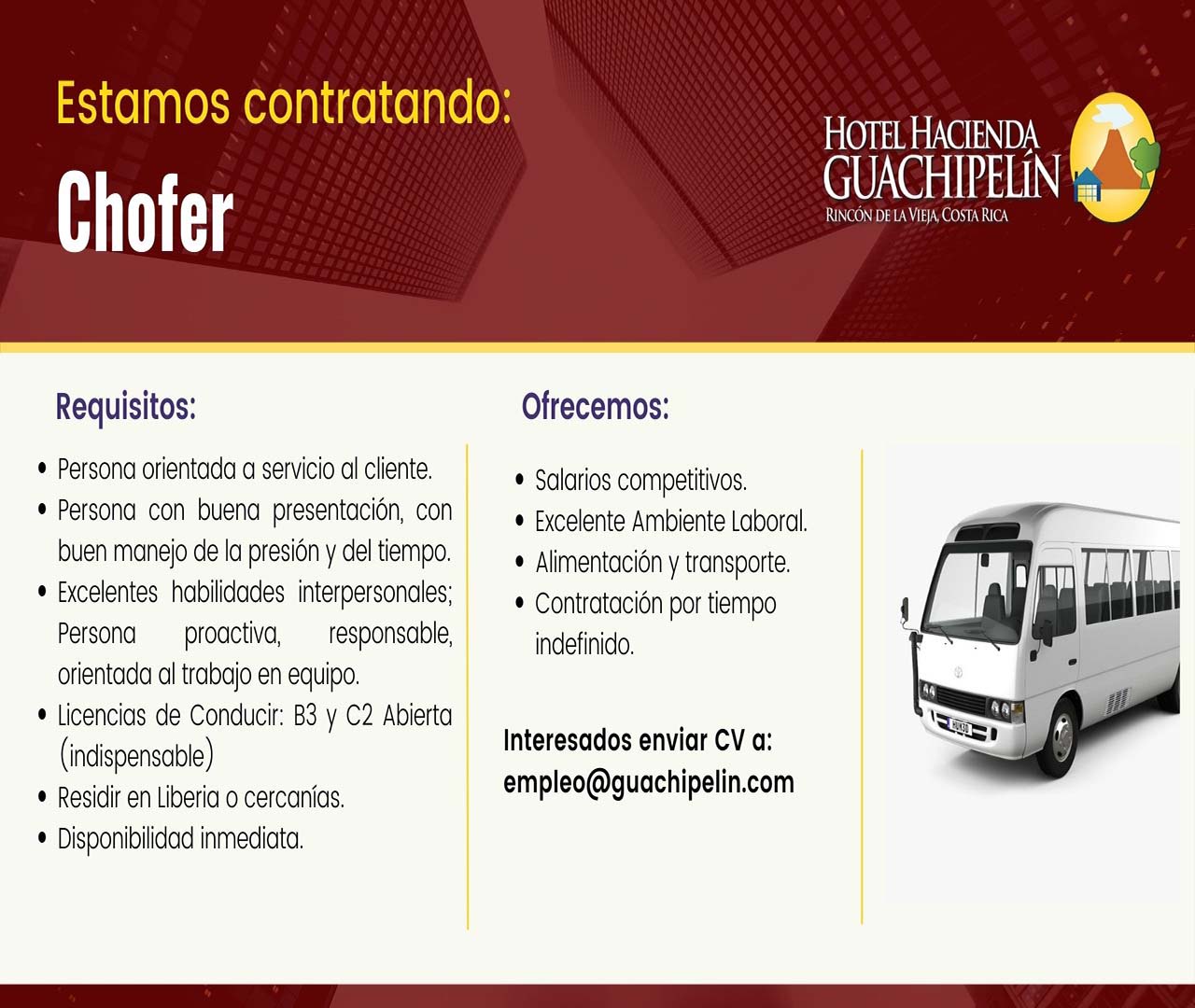 Hotel Hacienda Guachipelin Requiere Contratar: Chofer.alt