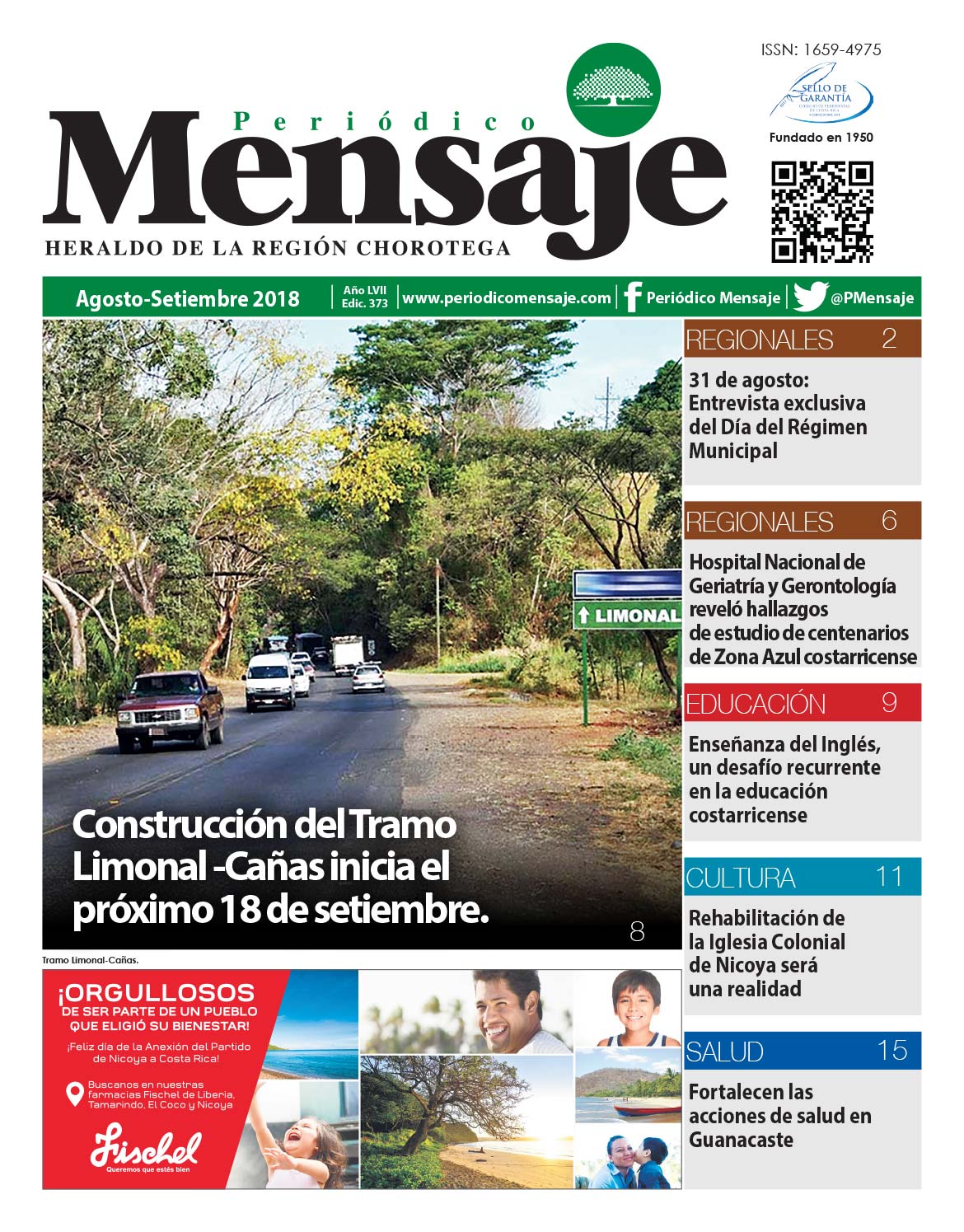 Portada Edicion Agosto-Setiembre 2018, Periodico Mensaje, Guanacaste
