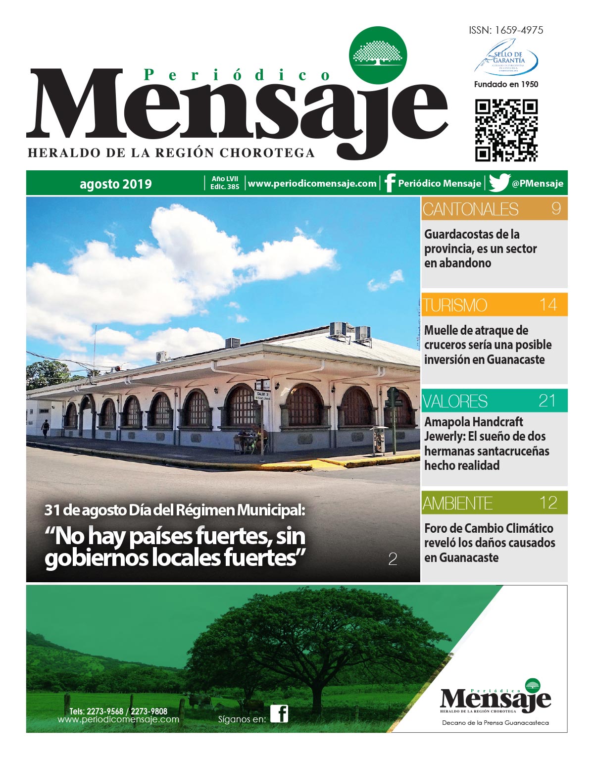 Portada Edicion Agosto-Setiembre 2019, Periodico Mensaje, Guanacaste