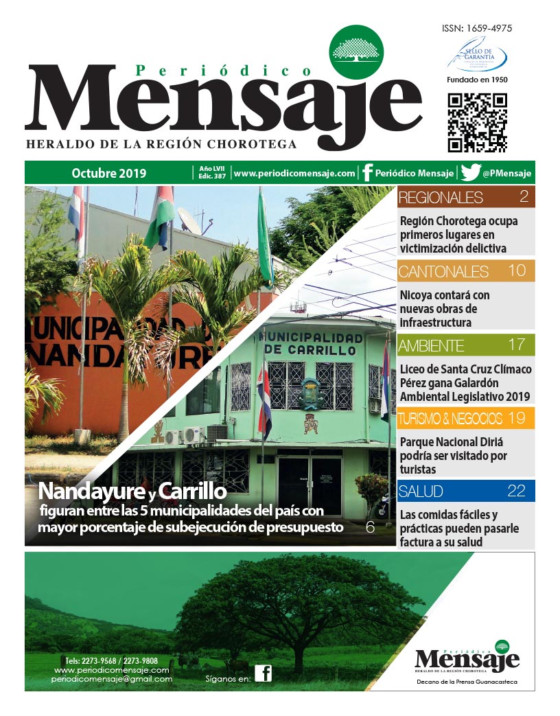 Portada Edicion Octubre 2019, Periodico Mensaje, Guanacaste