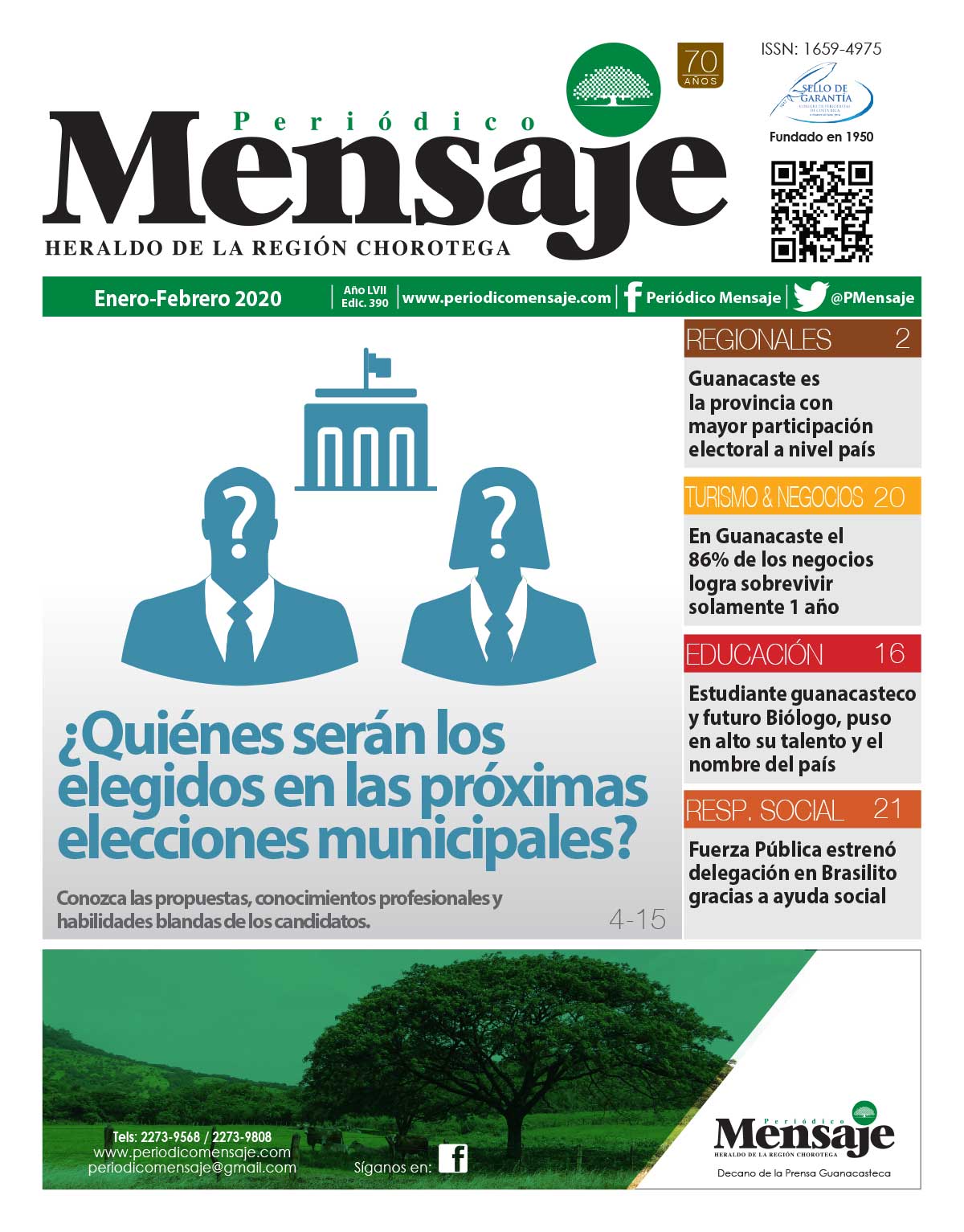Portada Edicion Enero 2020, Periodico Mensaje, Guanacaste