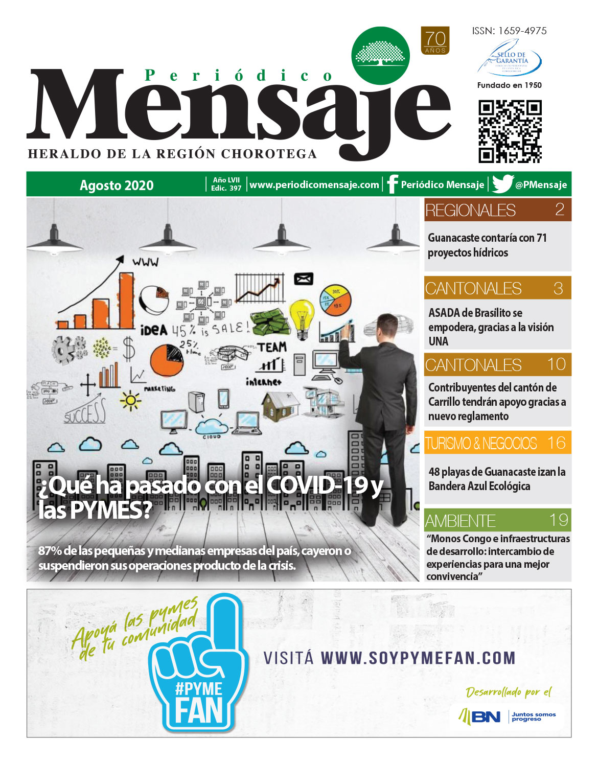 Portada Edicion Agosto 2020, Periodico Mensaje, Guanacaste