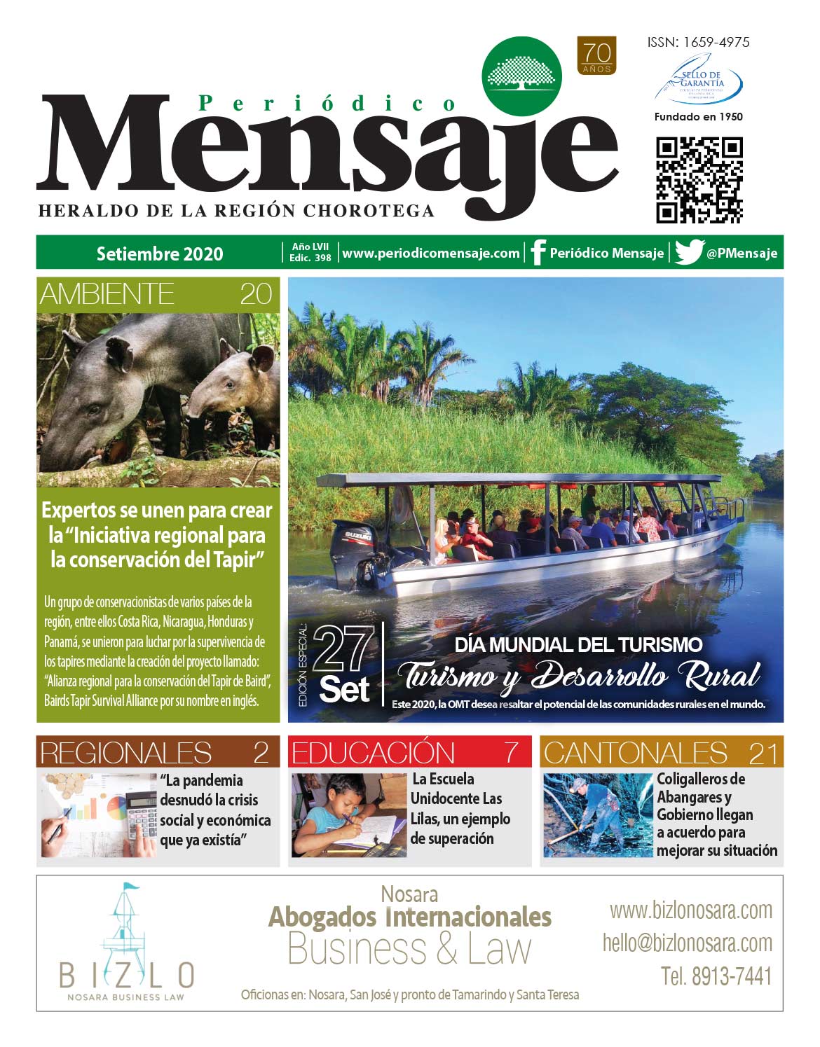 Portada Edicion Setiembre 2020, Periodico Mensaje, Guanacaste