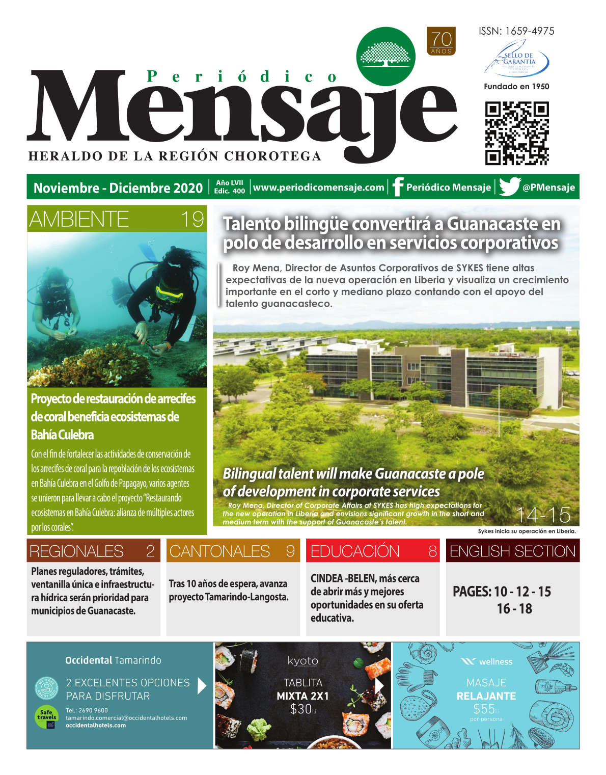 Portada Edicion Noviembre 2020, Periodico Mensaje, Guanacaste