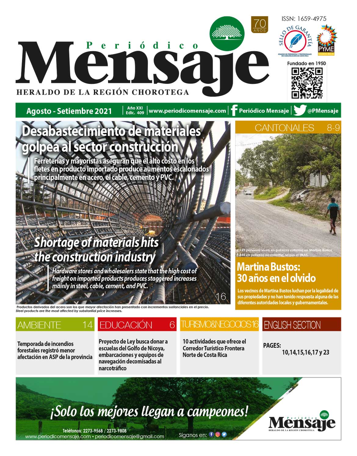 Portada Edicion Agosto 2021, Periodico Mensaje, Guanacaste