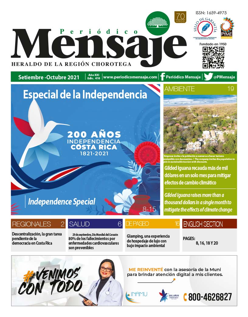 Portada Edicion Setiembre 2021, Periodico Mensaje, Guanacaste