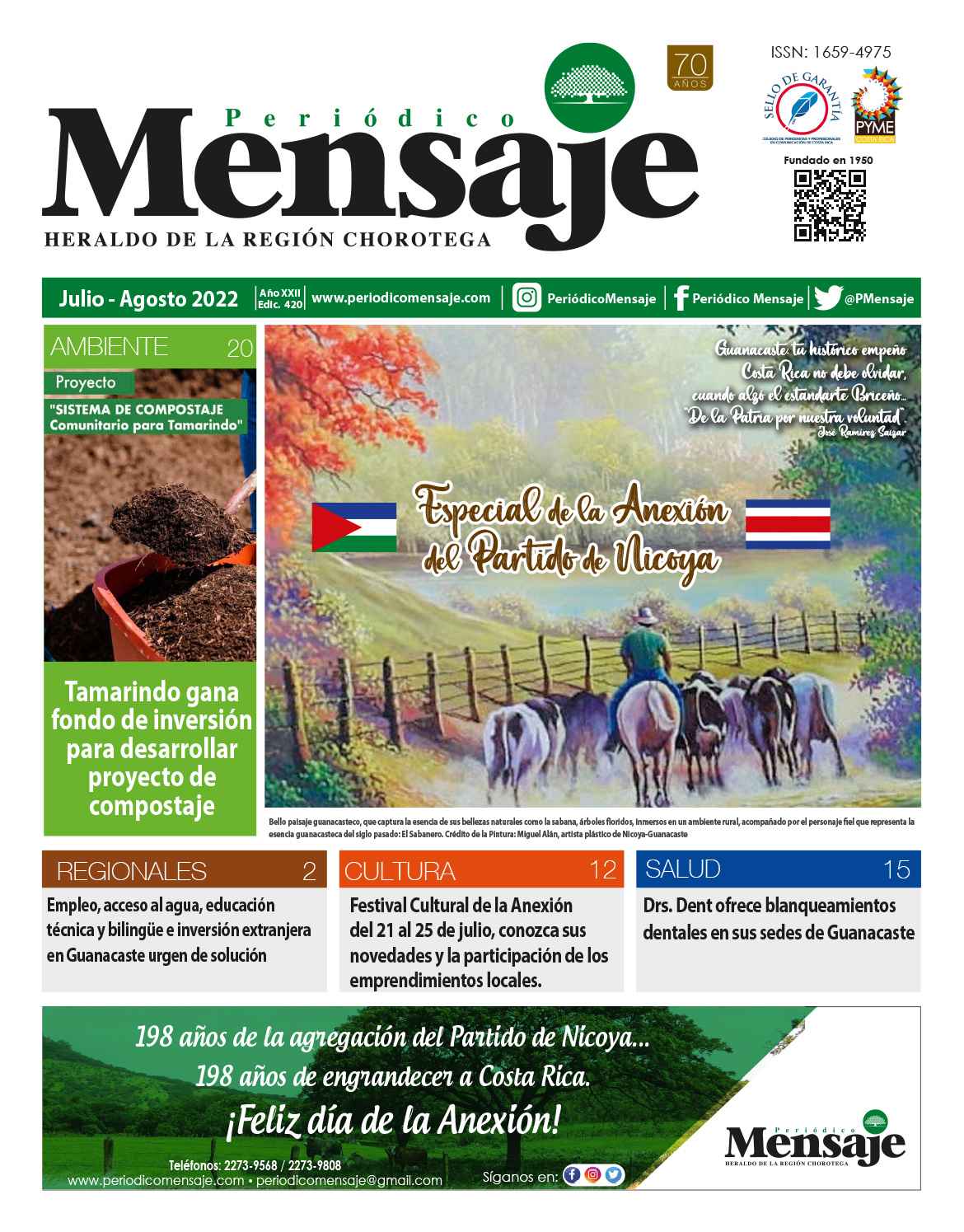 Portada Edicion Julio 2022, Periodico Mensaje, Guanacaste