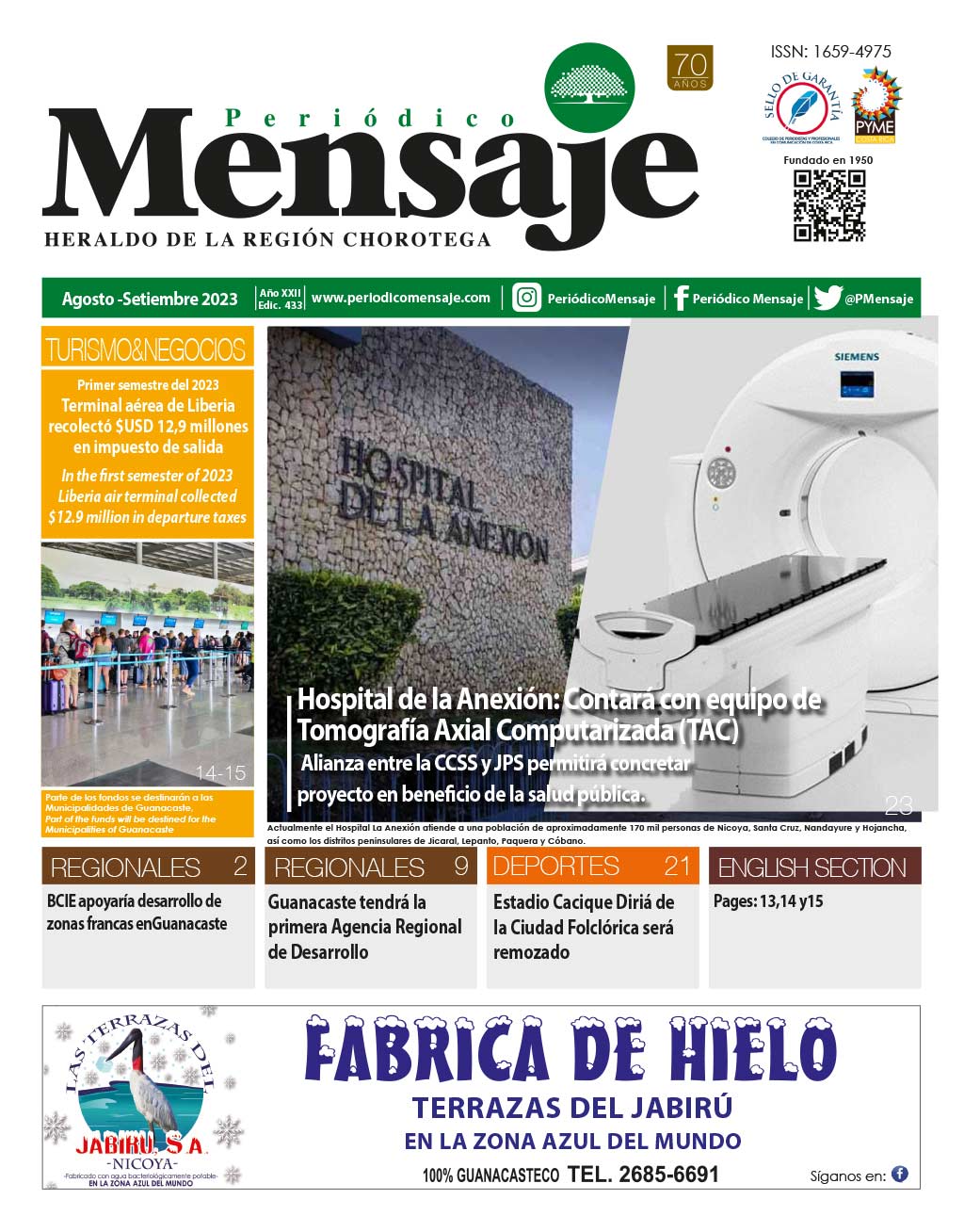Portada Edicion Agosto 2023, Periodico Mensaje, Guanacaste