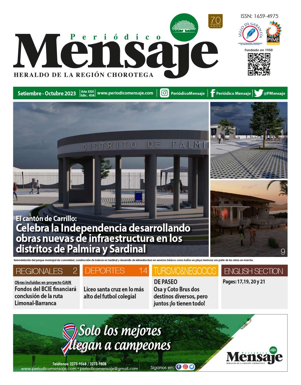 Portada Edicion Setiembre 2023, Periodico Mensaje, Guanacaste