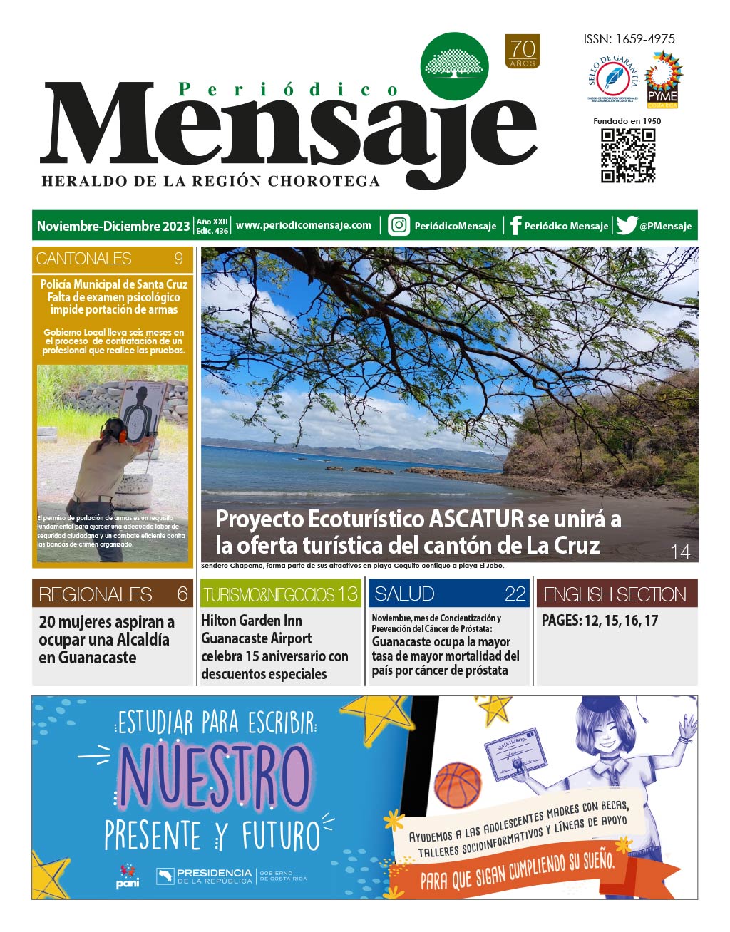 Portada Edicion Noviembre 2023, Periodico Mensaje, Guanacaste