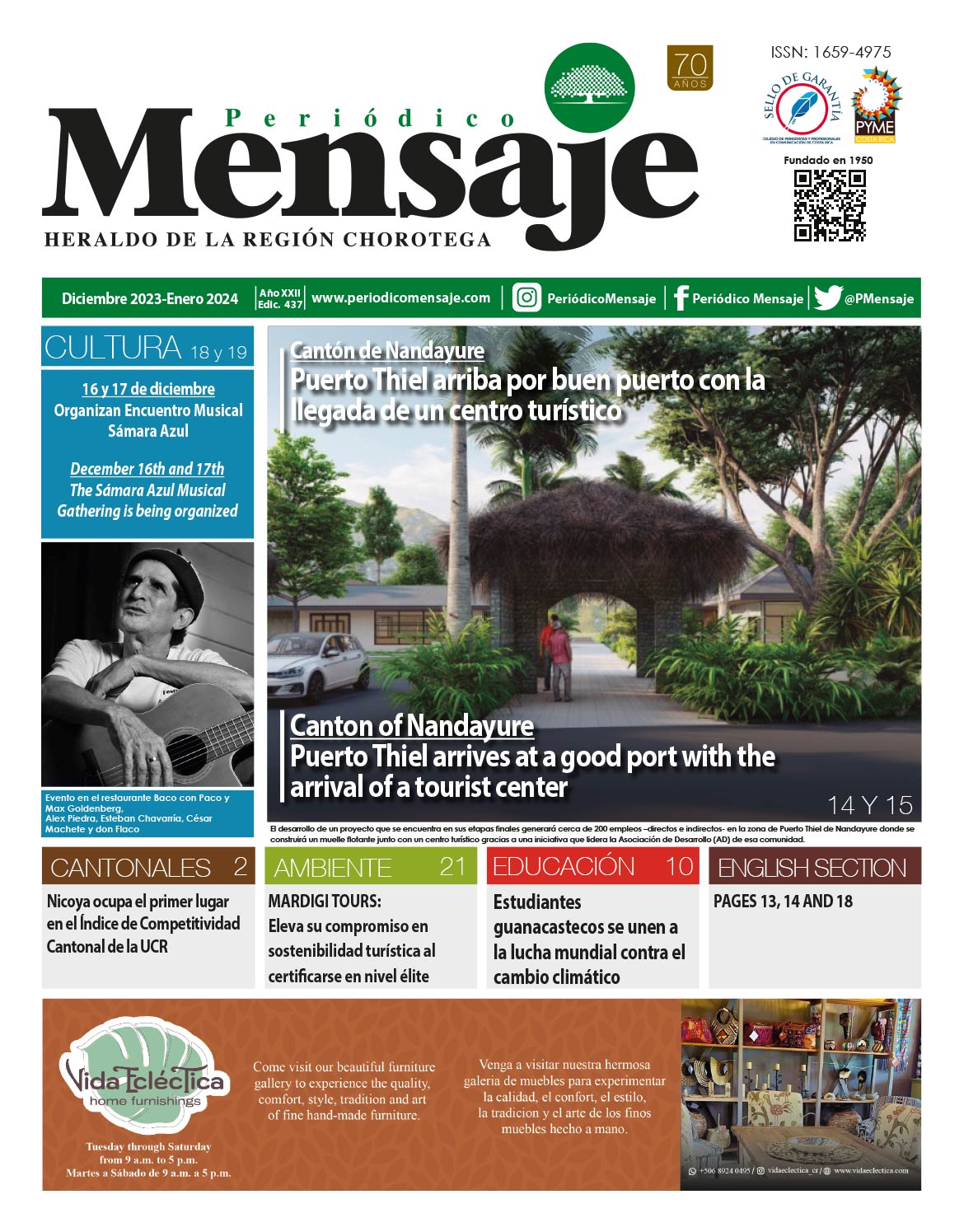 Portada Edicion Diciembre 2023, Periodico Mensaje, Guanacaste
