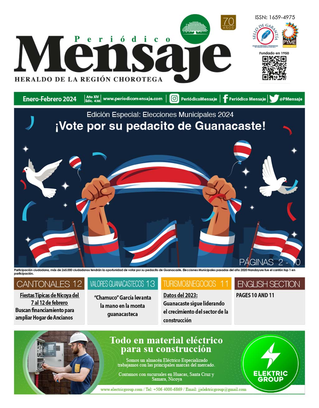 Portada Edicion Enero 2024, Periodico Mensaje, Guanacaste
