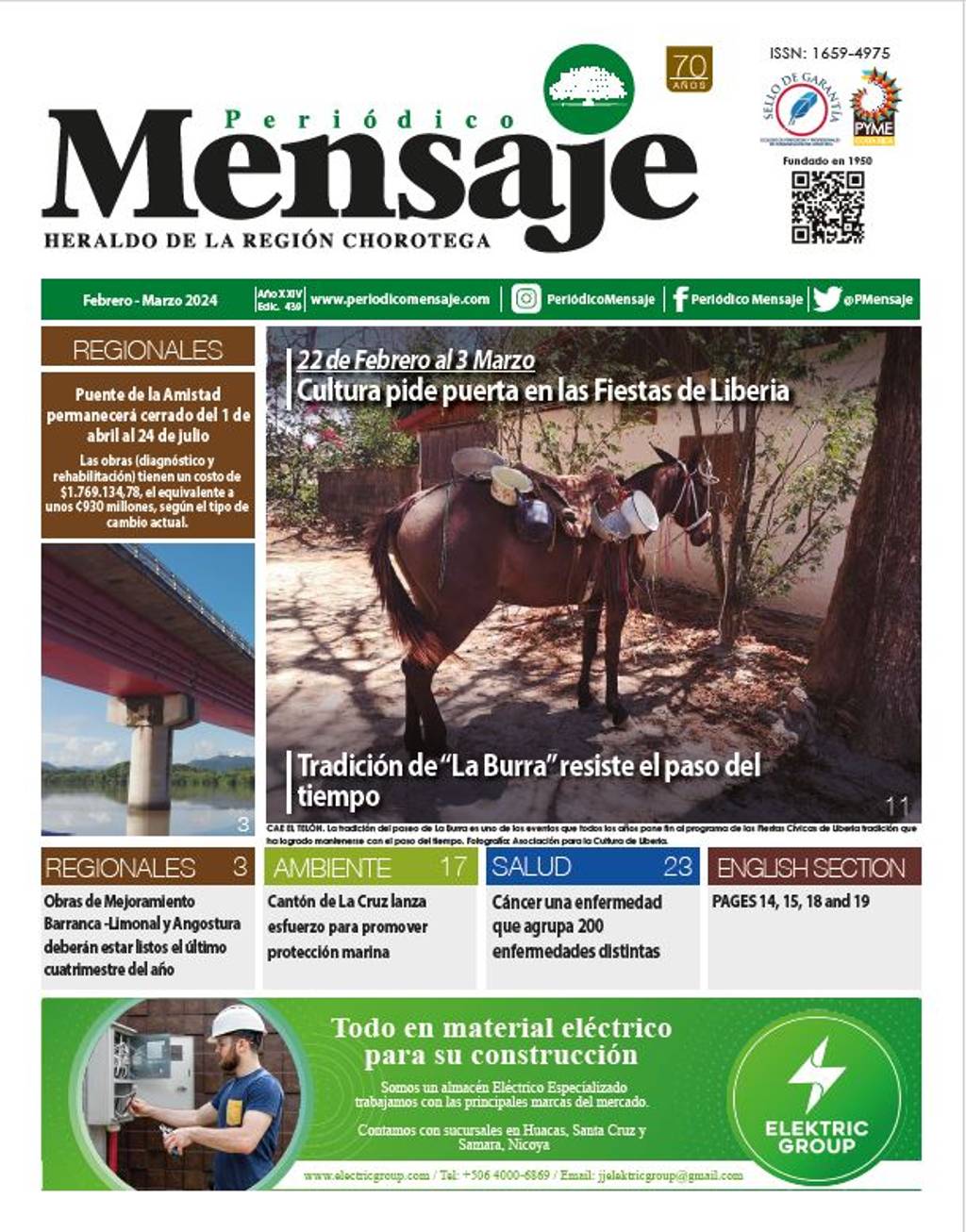 Portada Edicion Febrero 2024, Periodico Mensaje, Guanacaste