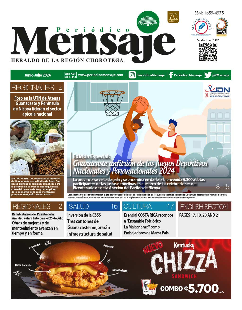 Portada Edicion Junio 2024, Periodico Mensaje, Guanacaste