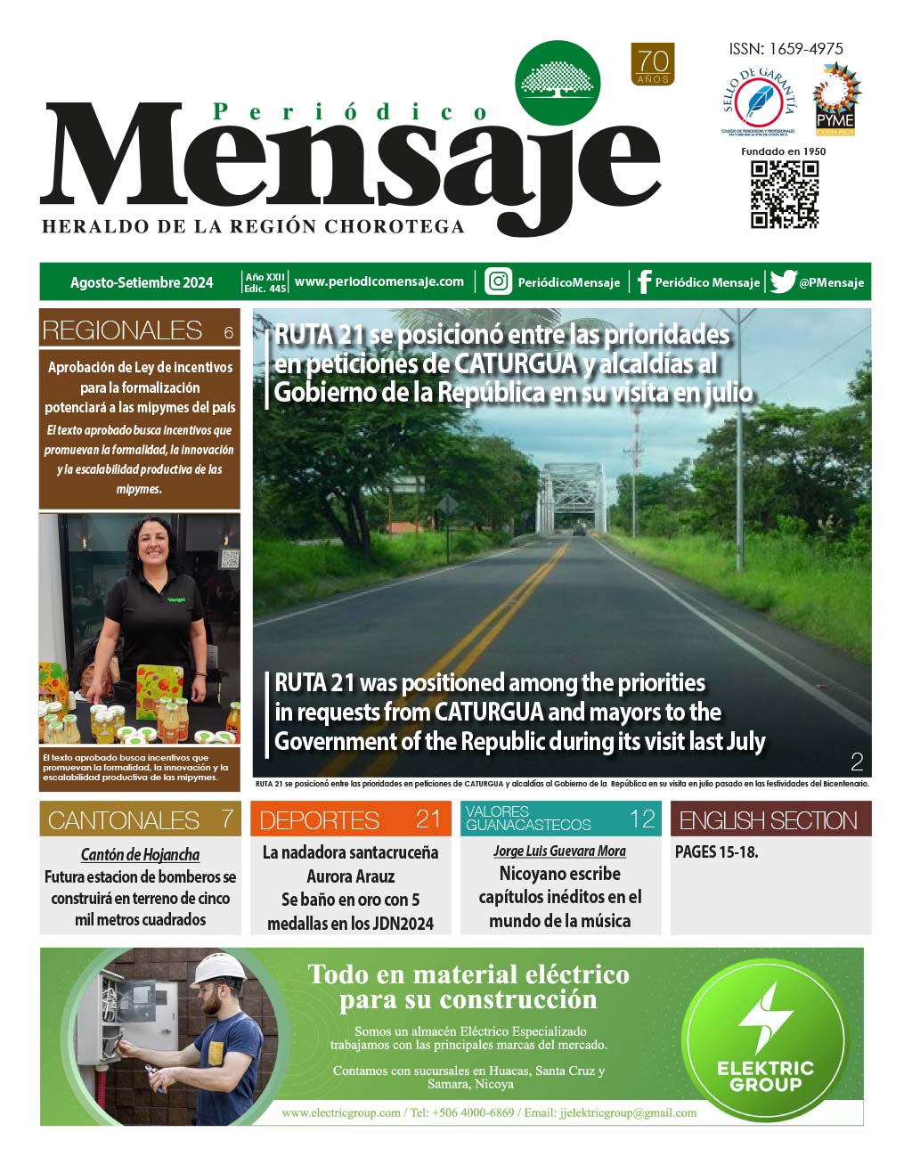 Portada Edicion Agosto 2024, Periodico Mensaje, Guanacaste