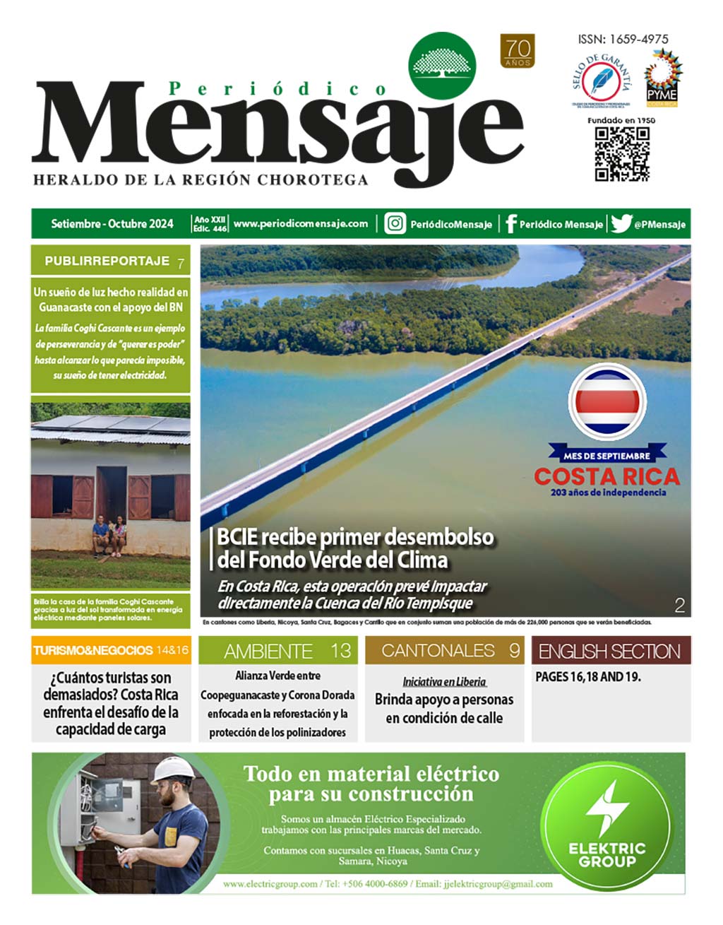 Portada Edicion Setiembre 2024, Periodico Mensaje, Guanacaste